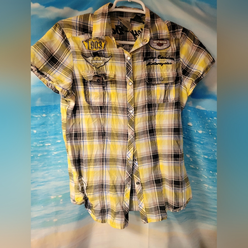 Harley-Davidson Yellow Plaid Button Down Short Sleeve Shirt Size Small